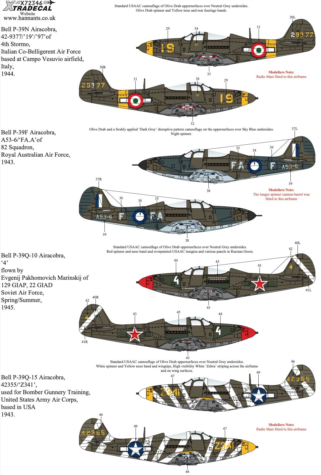 Xtradecal X72346 1:72 Bell P-39 Airacobra In Worldwide Service Collection.