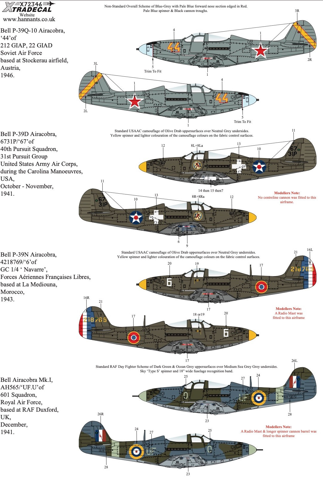 Xtradecal X72346 1:72 Bell P-39 Airacobra In Worldwide Service Collection.