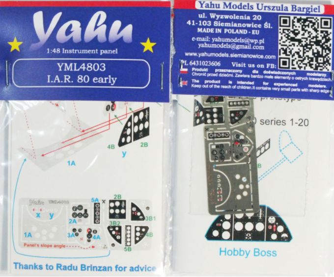 Yahu YML4803 IAR-80 Early Etched Cockpit Instrument Panel 1:48