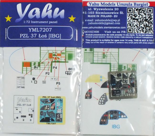 Yahu YML7207 PZL P.37A/B Los Etched Instrument Panel 1:72