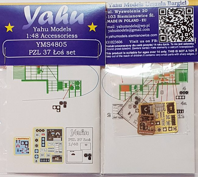Yahu Models YMS4805 1:48 PZL P.37A/P.37B 'Los' set Photoetched instrument panels