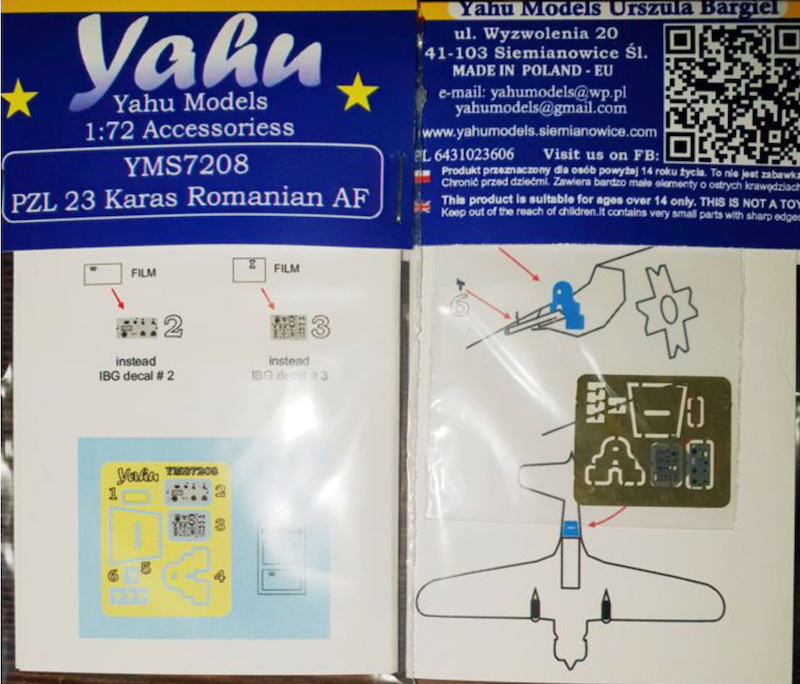 Yahu YMS7208 PZL P.23 Karas Romanian AF Etched Instrument Panels 1:72