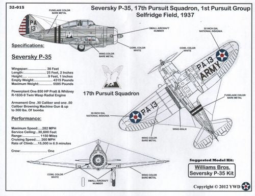 Yellow Wings YW32015 1:32 Seversky P-35 Early USAAC Fighter Williams Bros
