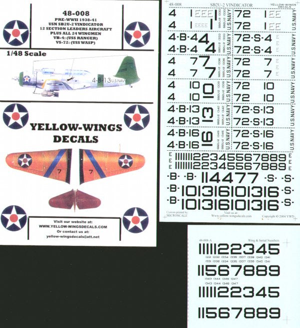 Yellow Wings YW48008 SB2U-1 Vindicator USN Ranger/Wasp Decals 1:48