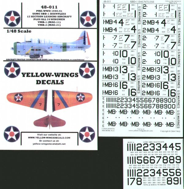 Yellow Wings YW48011 Douglas SBD-1 Dauntless USMC VMB-1/2 Decals 1:48