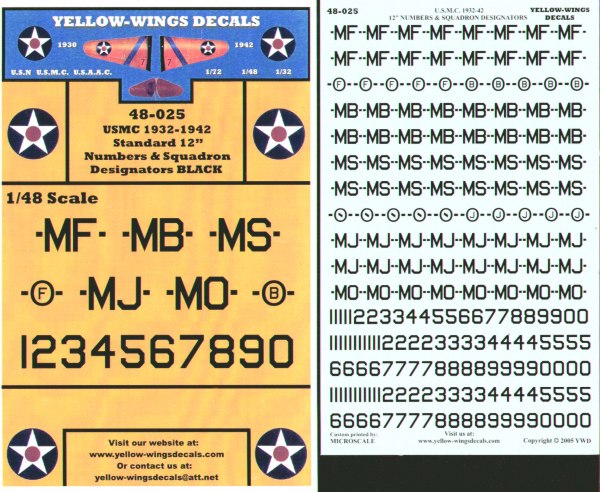 Yellow Wings YW48025 USMC Squadron Designators & 12" Numbers 1:48