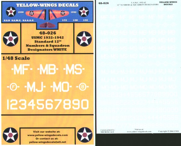 Yellow Wings YW48026 1:48 USMC Squadron Designators & Standard 12' Numbers White