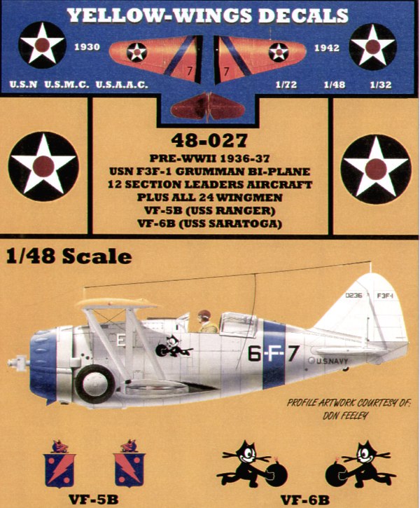 Yellow Wings YW48027 Grumman F3F-1 USN Ranger/Saratoga Decals 1:48