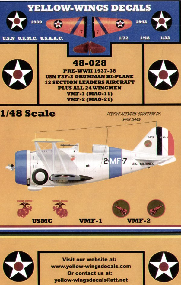 Yellow Wings YW48028 Grumman F3F-1 USMC VMF-1/VMF-2 Decals 1:48