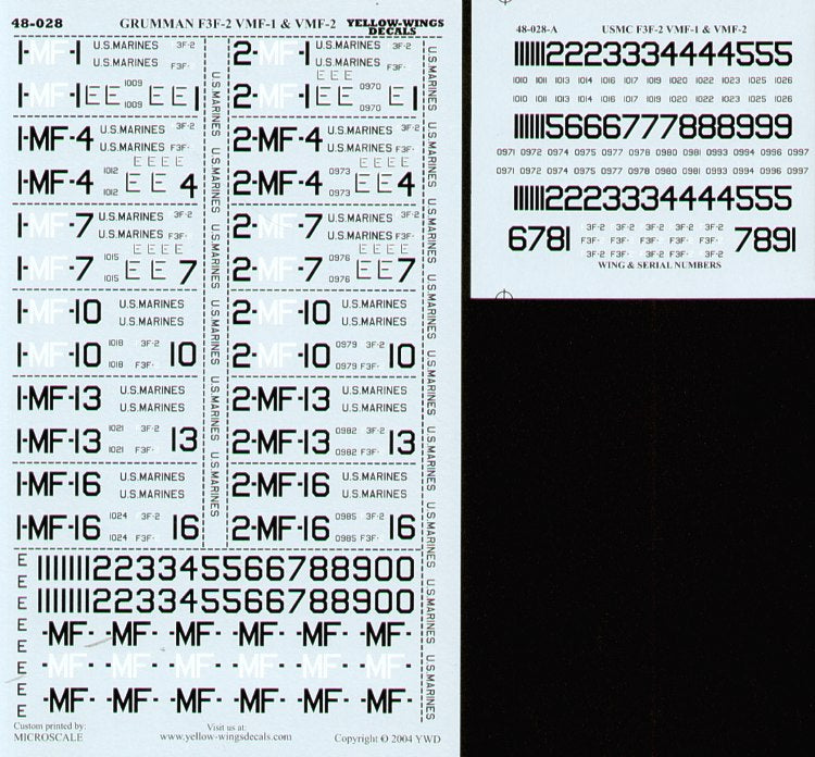 Yellow Wings YW48028 Grumman F3F-1 USMC VMF-1/VMF-2 Decals 1:48