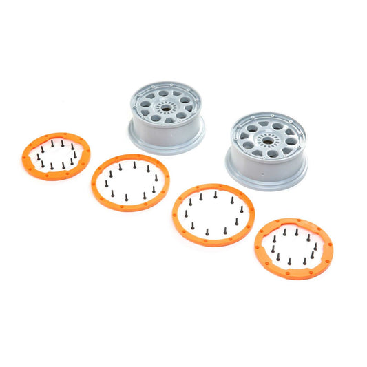 Losi Wheels, Silver, Orange Bead Lock (2): DBXL-E 2.0 LOS45032