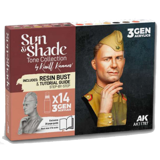 AK Interactive 11787 Sun & Shade Tone Collection 14-Paint Set w/Resin Bust