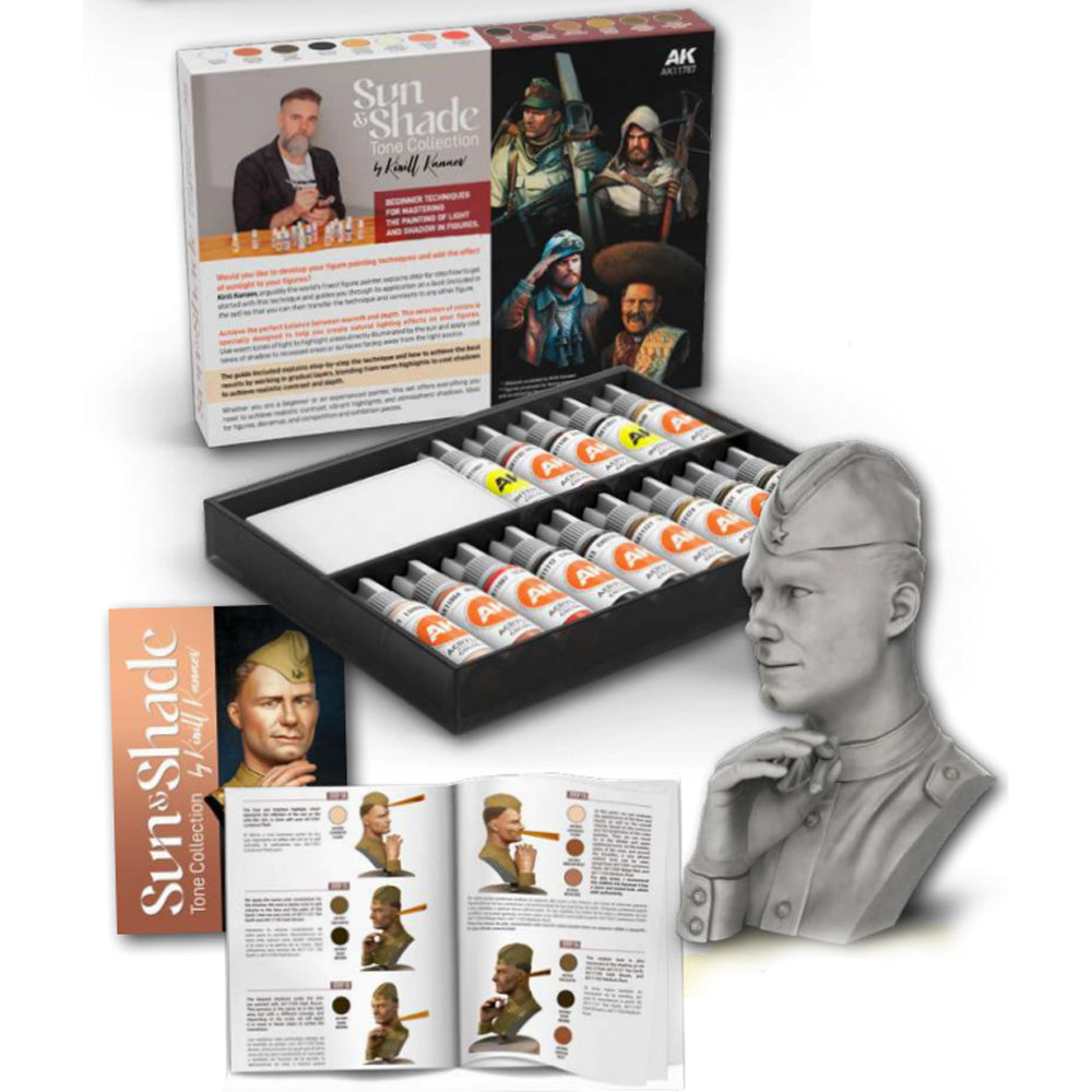 AK Interactive 11787 Sun & Shade Tone Collection 14-Paint Set w/Resin Bust