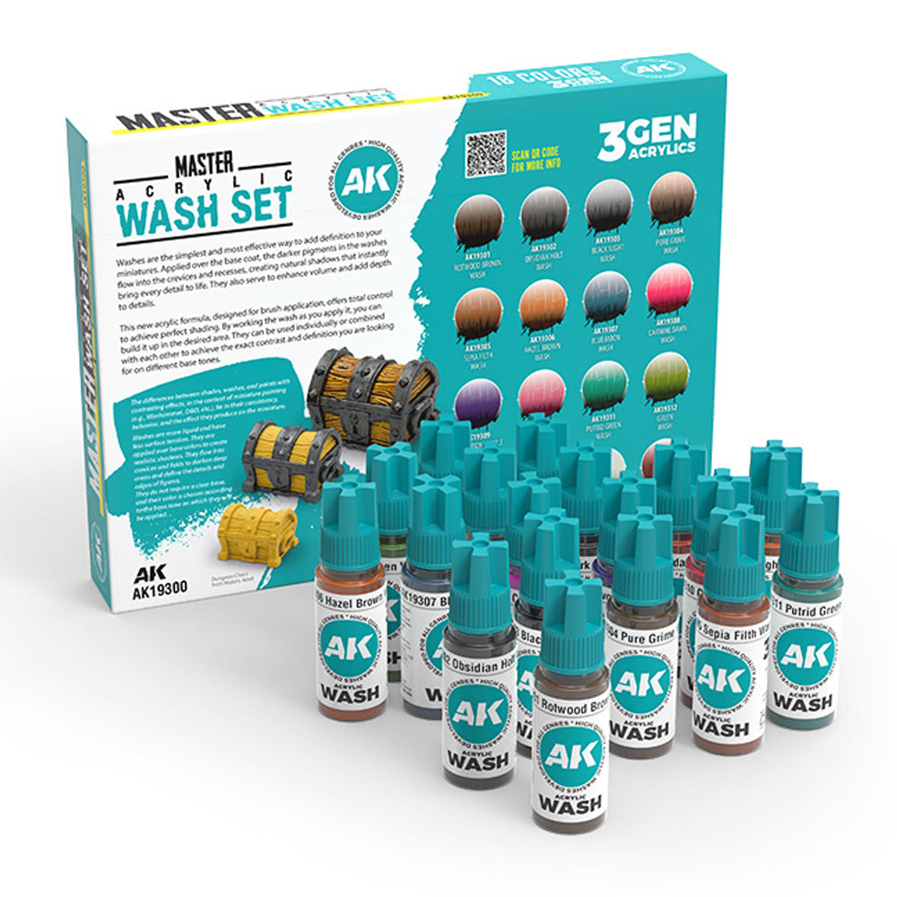 AK Interactive Master Acrylic Wash Set Full Range 18 Colours AK19300