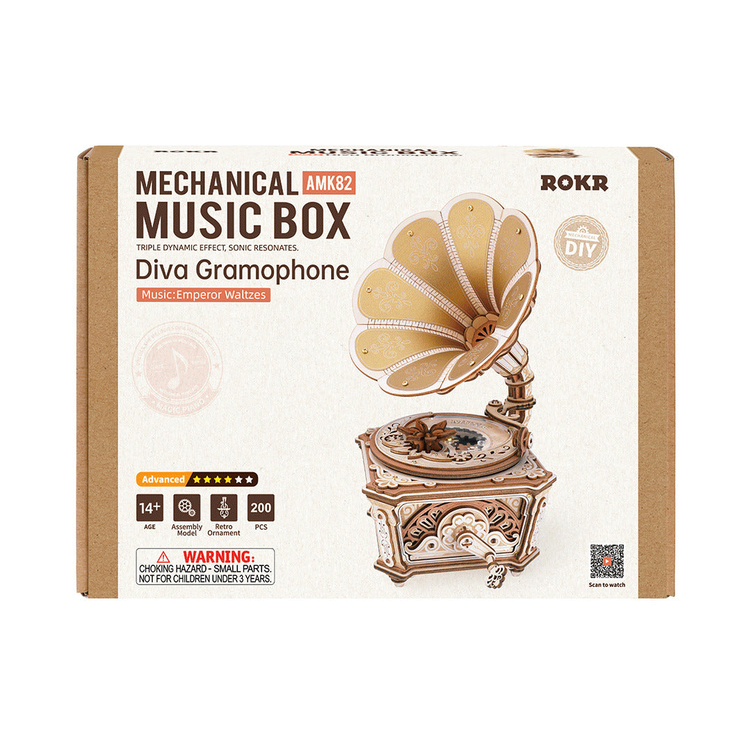 ROKR Diva Gramophone Music Box Mechanical Wooden Model Kit AMK82
