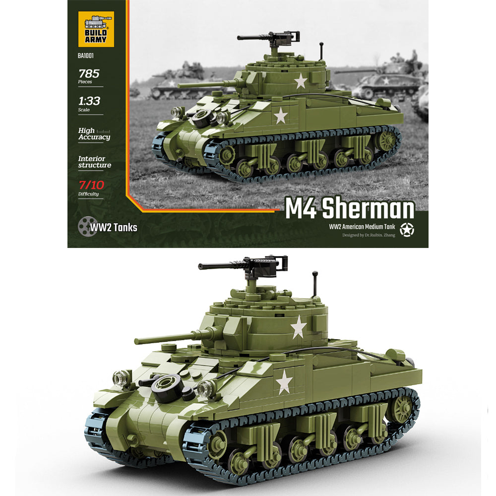 Build Army M4 Sherman 1:33 Tank Brick Model 785pcs B1001