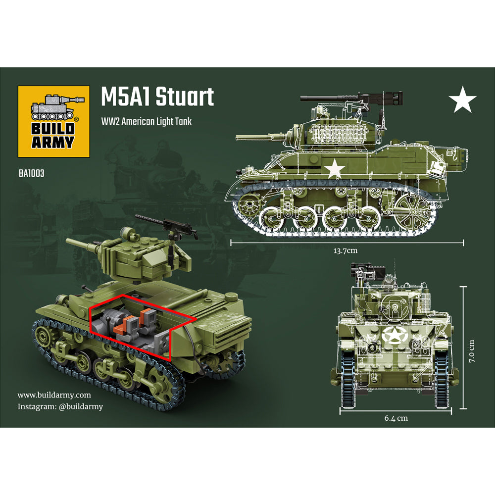 Build Army M5A1 Stuart Light Tank 1:33 Brick Model 460pcs B1003
