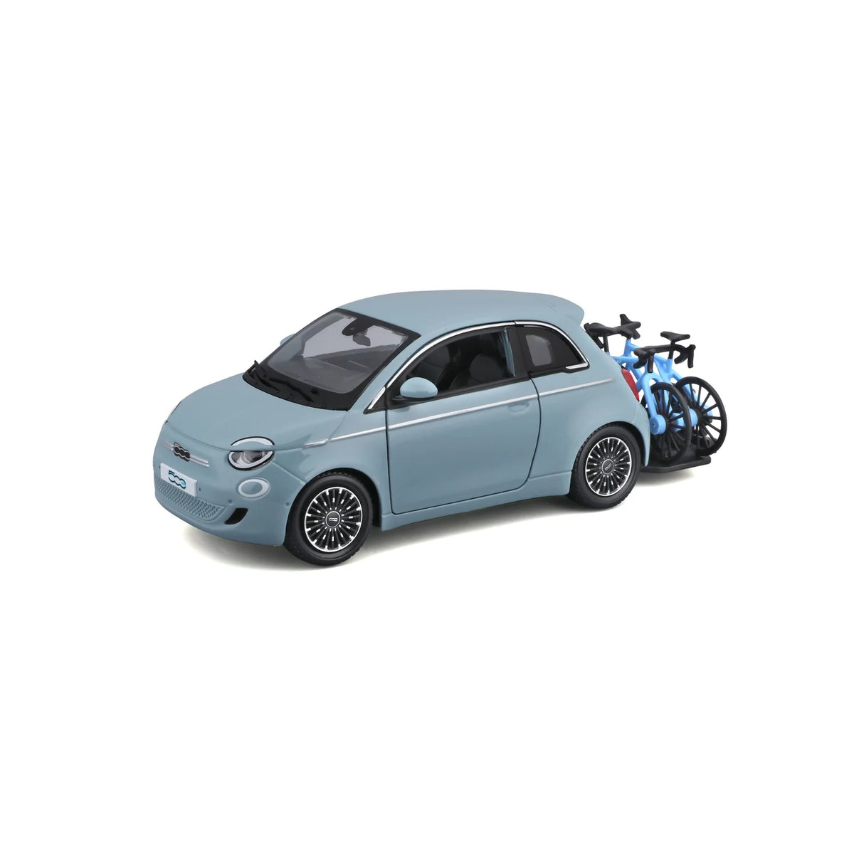 Bburago Fiat 500e with Bike Rack Light Blue 1:24 Diecast Model