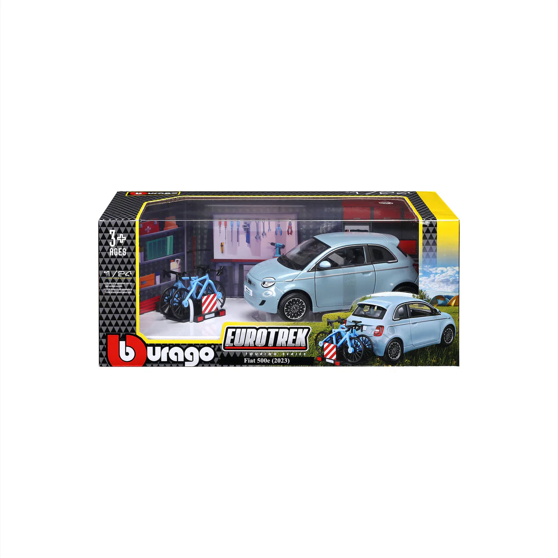 Bburago Fiat 500e with Bike Rack Light Blue 1:24 Diecast Model