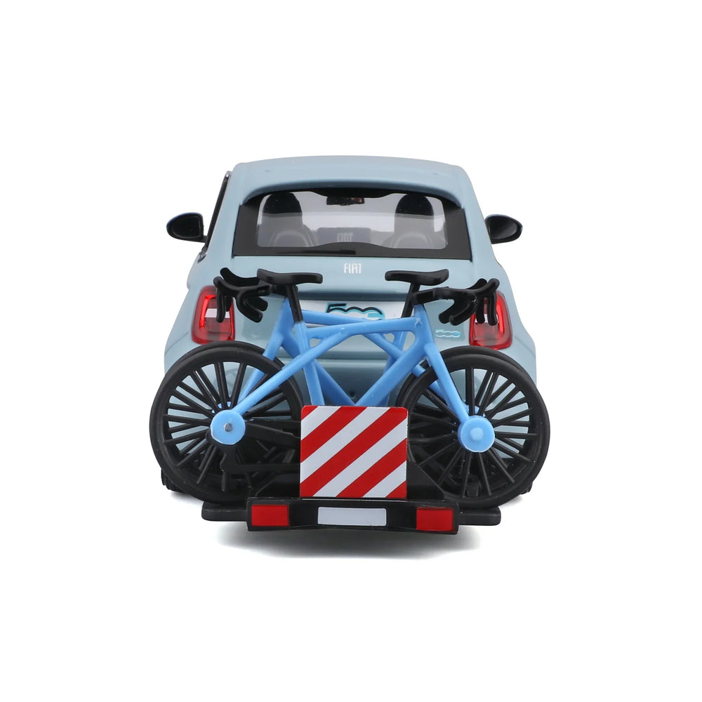 Bburago Fiat 500e with Bike Rack Light Blue 1:24 Diecast Model