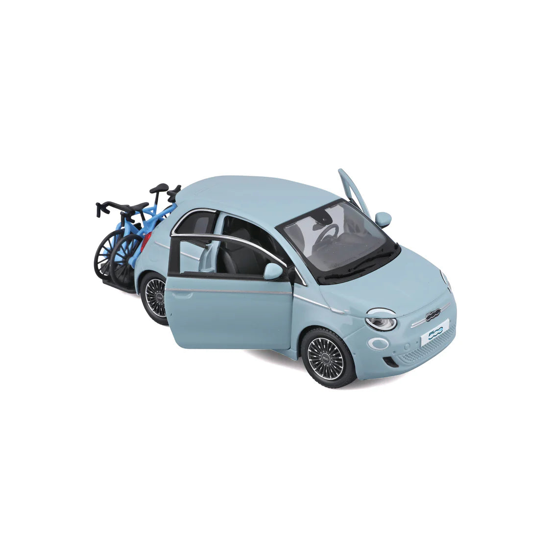 Bburago Fiat 500e with Bike Rack Light Blue 1:24 Diecast Model