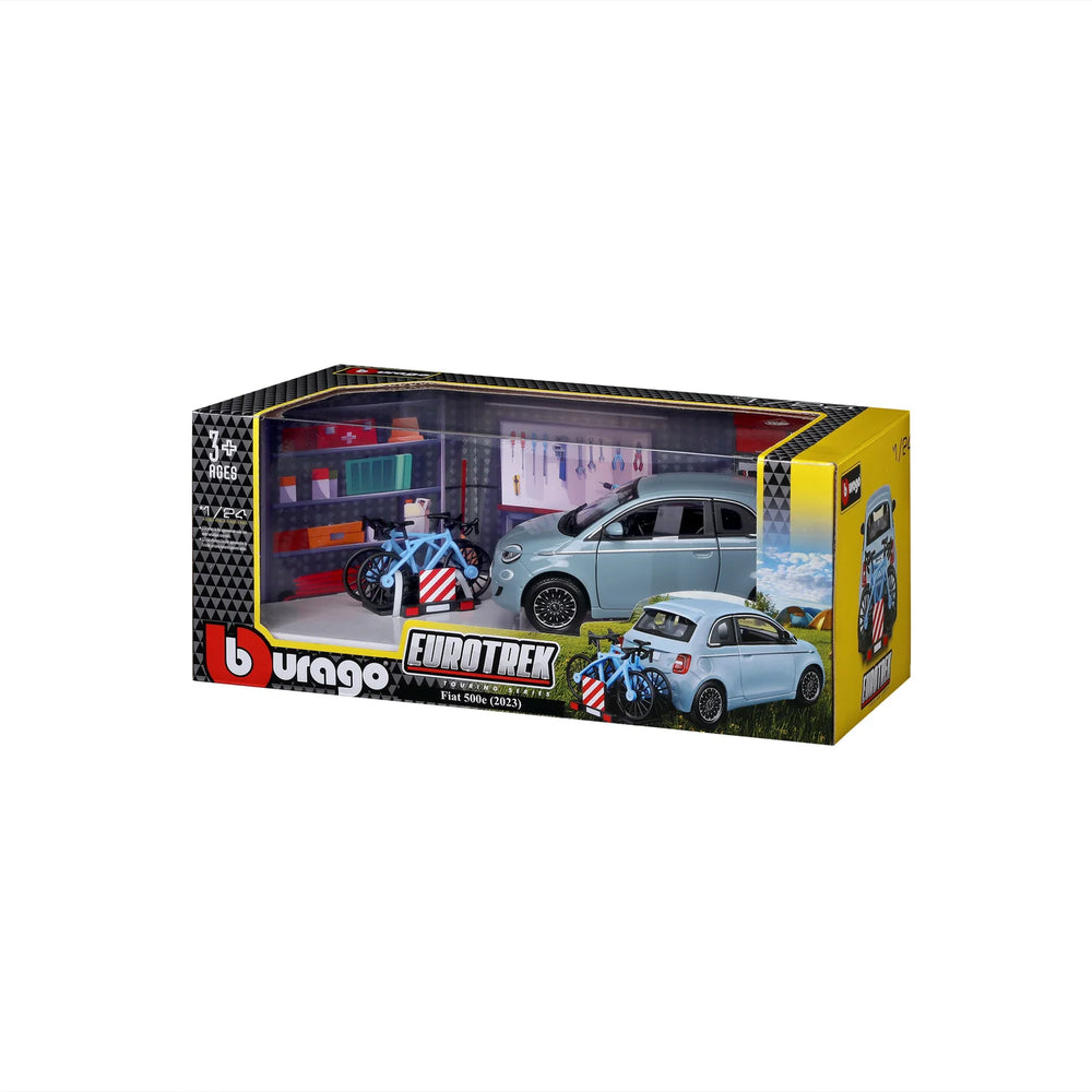 Bburago Fiat 500e with Bike Rack Light Blue 1:24 Diecast Model