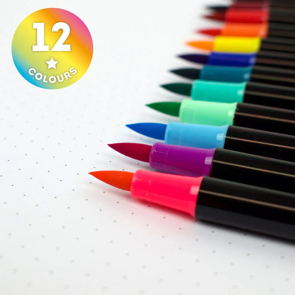 Legami Brush Markers - Bright Colours - Set of 12 Pens in Case