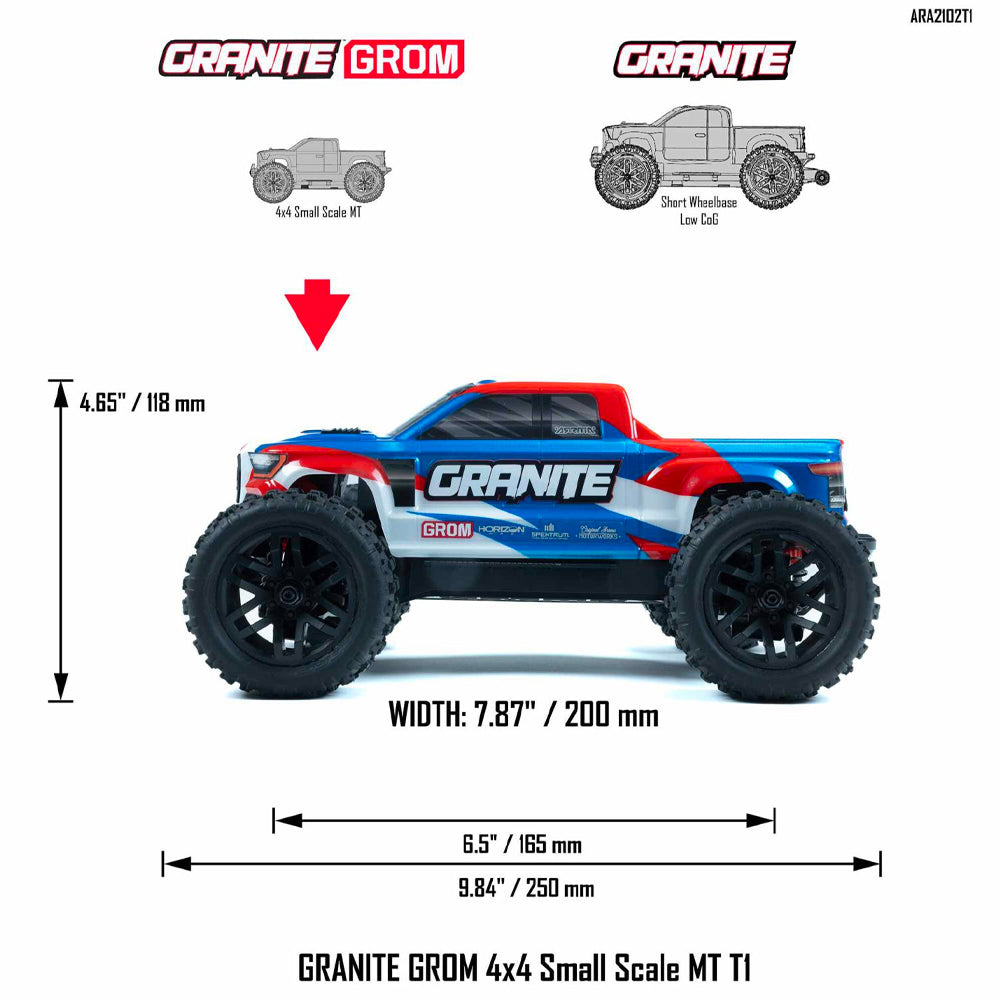 Arrma Granite GROM MT 4WD 1:18 RTR RC Car - Blue/Red ARA2102T1