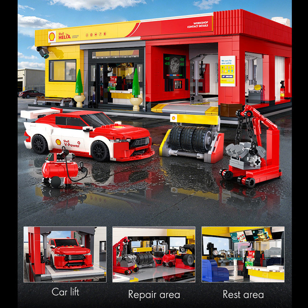 CaDA Shell Service Station with Car 1:24 Brick Model 1697pcs 66025W