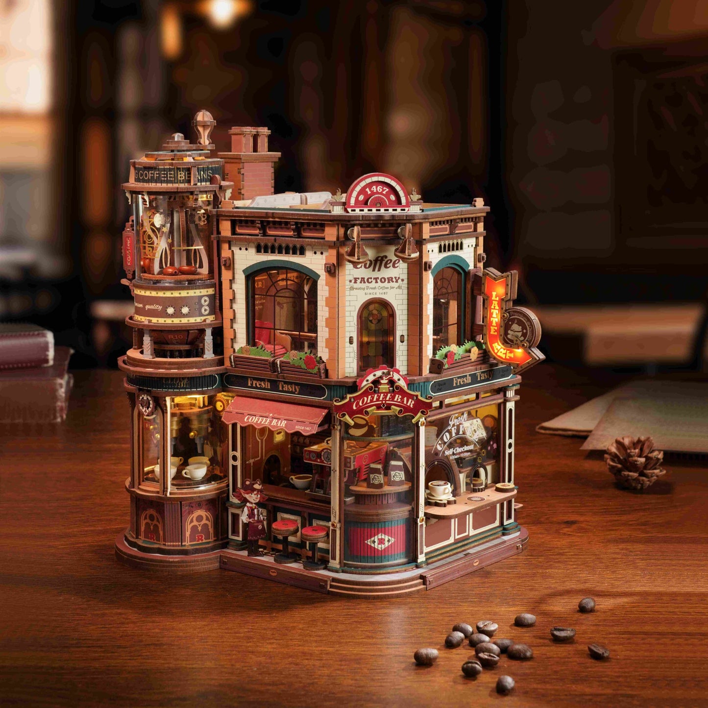 ROKR Dream Coffee Factory Music Box 3D Wooden Puzzle Model Kit EAB02