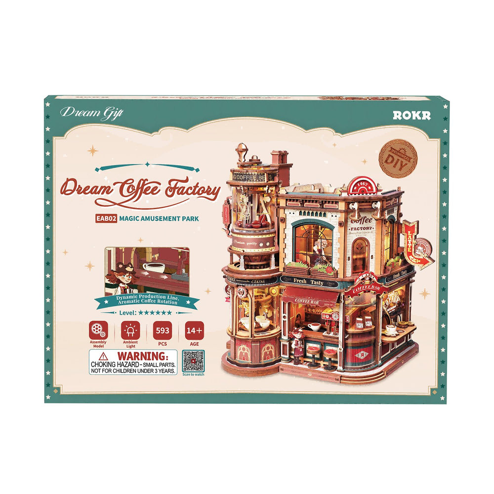 ROKR Dream Coffee Factory Music Box 3D Wooden Puzzle Model Kit EAB02
