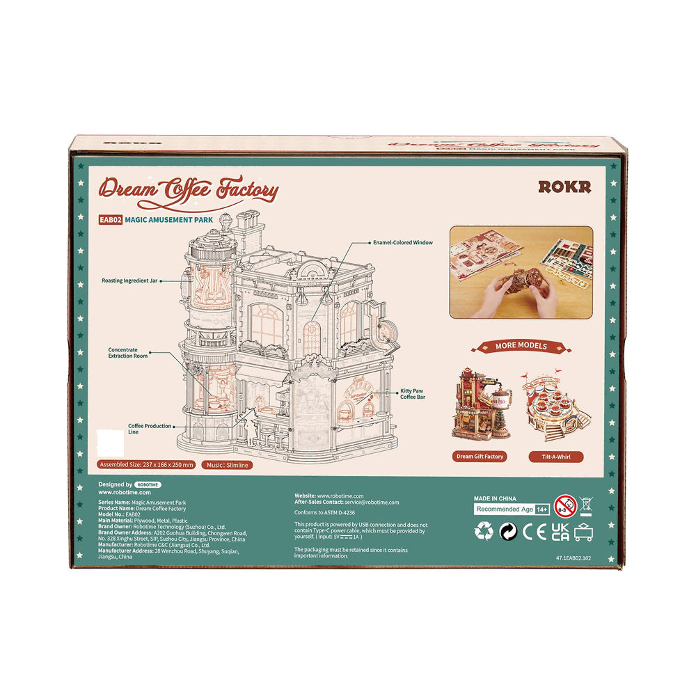 ROKR Dream Coffee Factory Music Box 3D Wooden Puzzle Model Kit EAB02