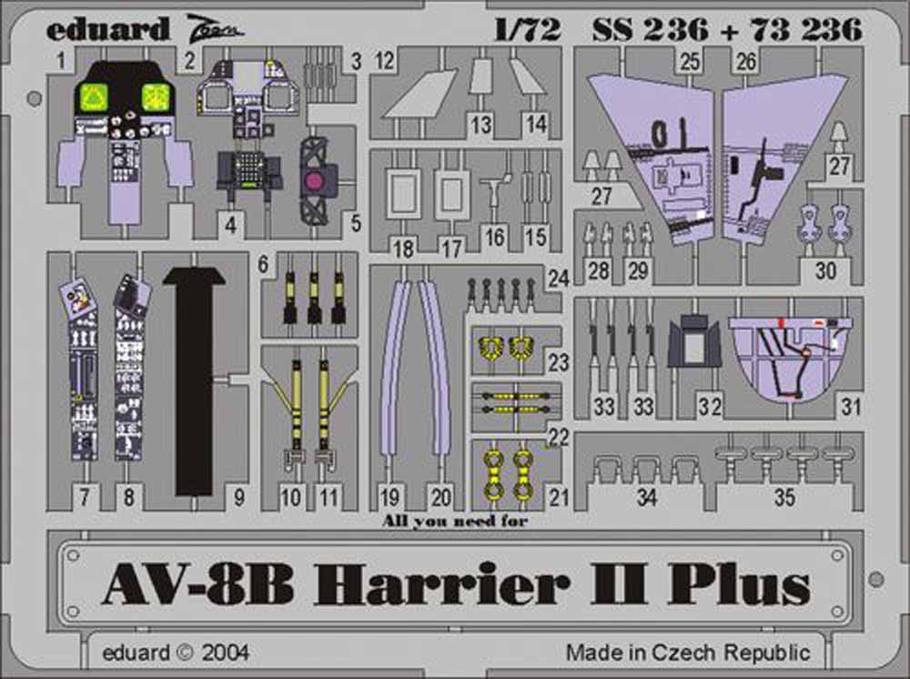 Eduard 73236 Etched Aircraft Detailling Set 1:72 McDonnell-Douglas AV-8B Harrier