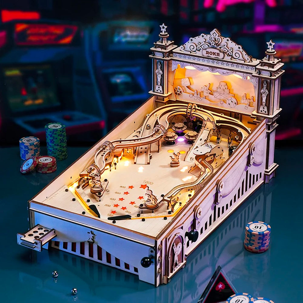 ROBOTIME ROKR 3D Pinball Machine Wooden Mechanical Puzzle Model Kit Lights EG01