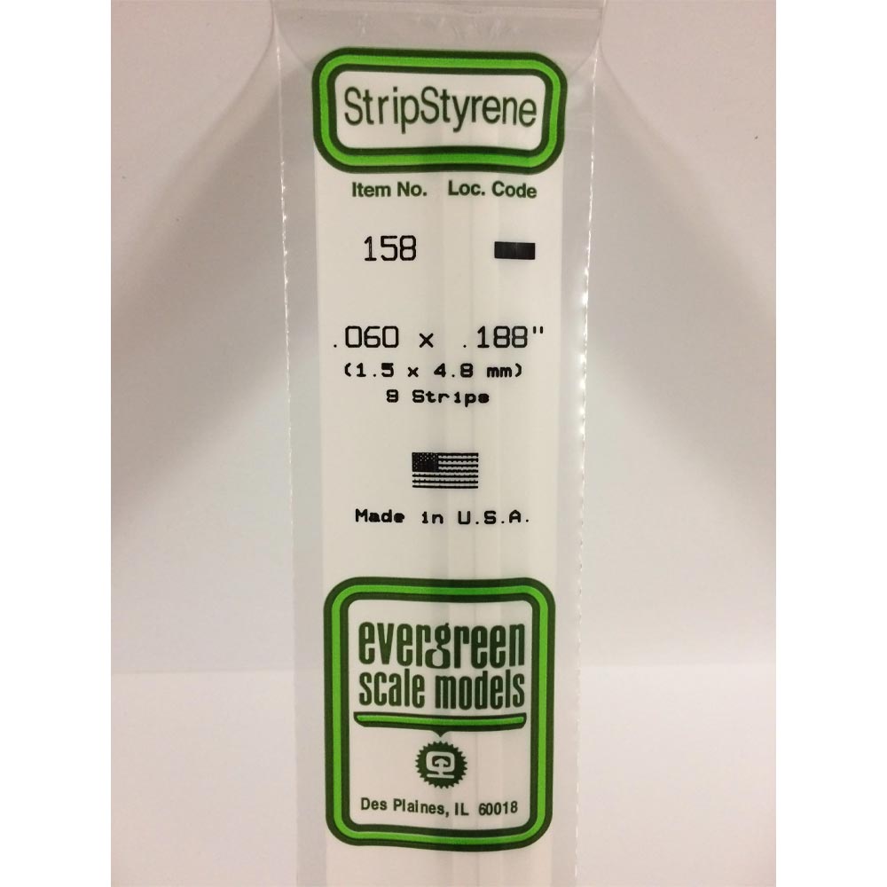 Evergreen 158 - 0.06" x 0.188" Polystyrene Strips 14"/35cm 10pcs