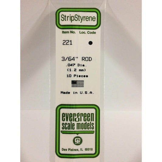 Evergreen 221 - 0.047"/1.2mm Polystyrene 14"/35cm Rods 10pcs