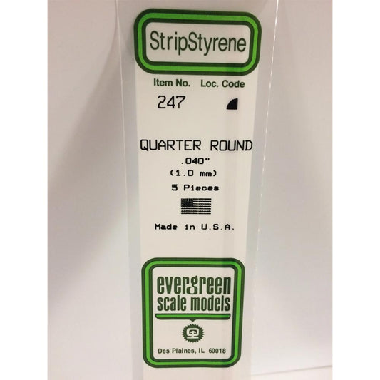 Evergreen 247 - 0.04"/1.0mm Polystyrene Quarter Round 14"/35cm Lengths 5 pcs