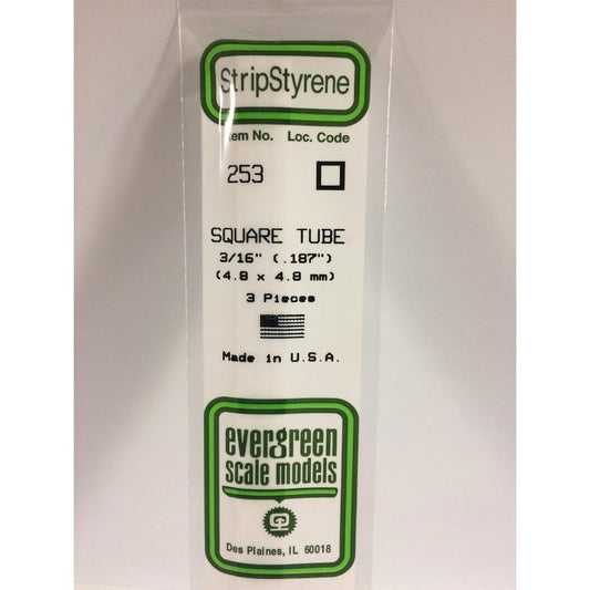 Evergreen 253 - 0.188/4.8mm Polystyrene 14"/35cm Square Tubes 3 pcs