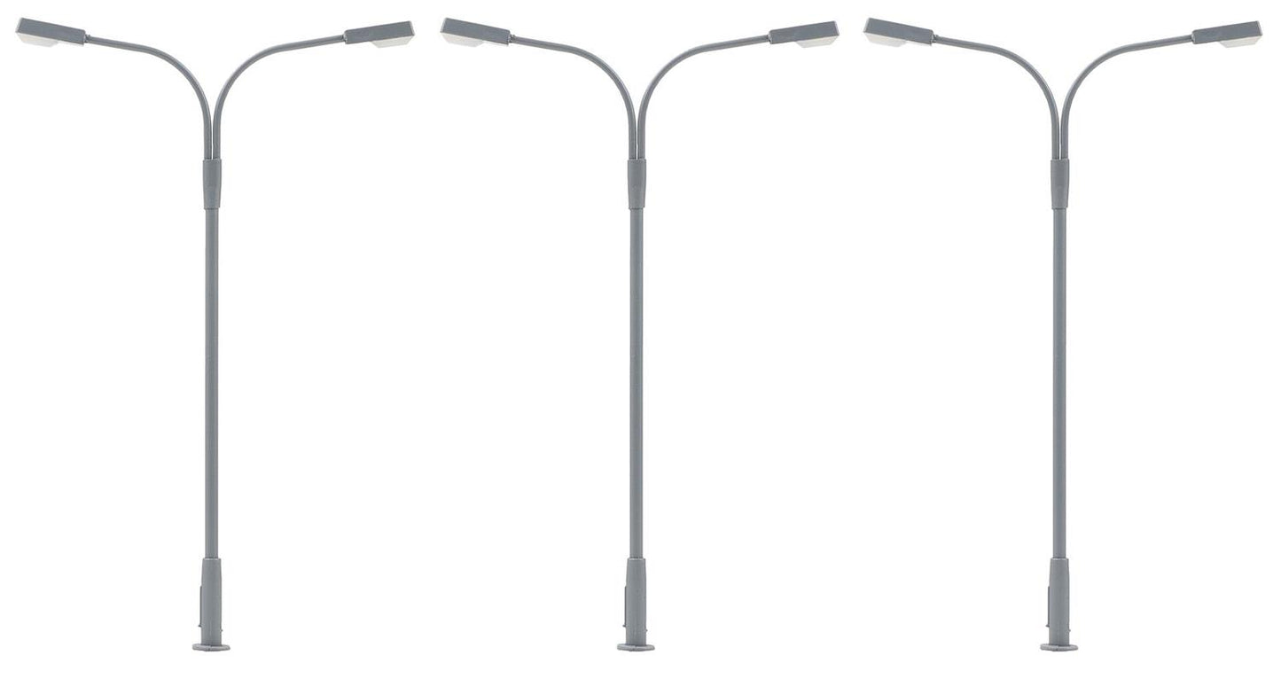 Faller LED Curved Neck Dbl Arm Street Light Cool White 94mm (3) FA180120 HO Gauge