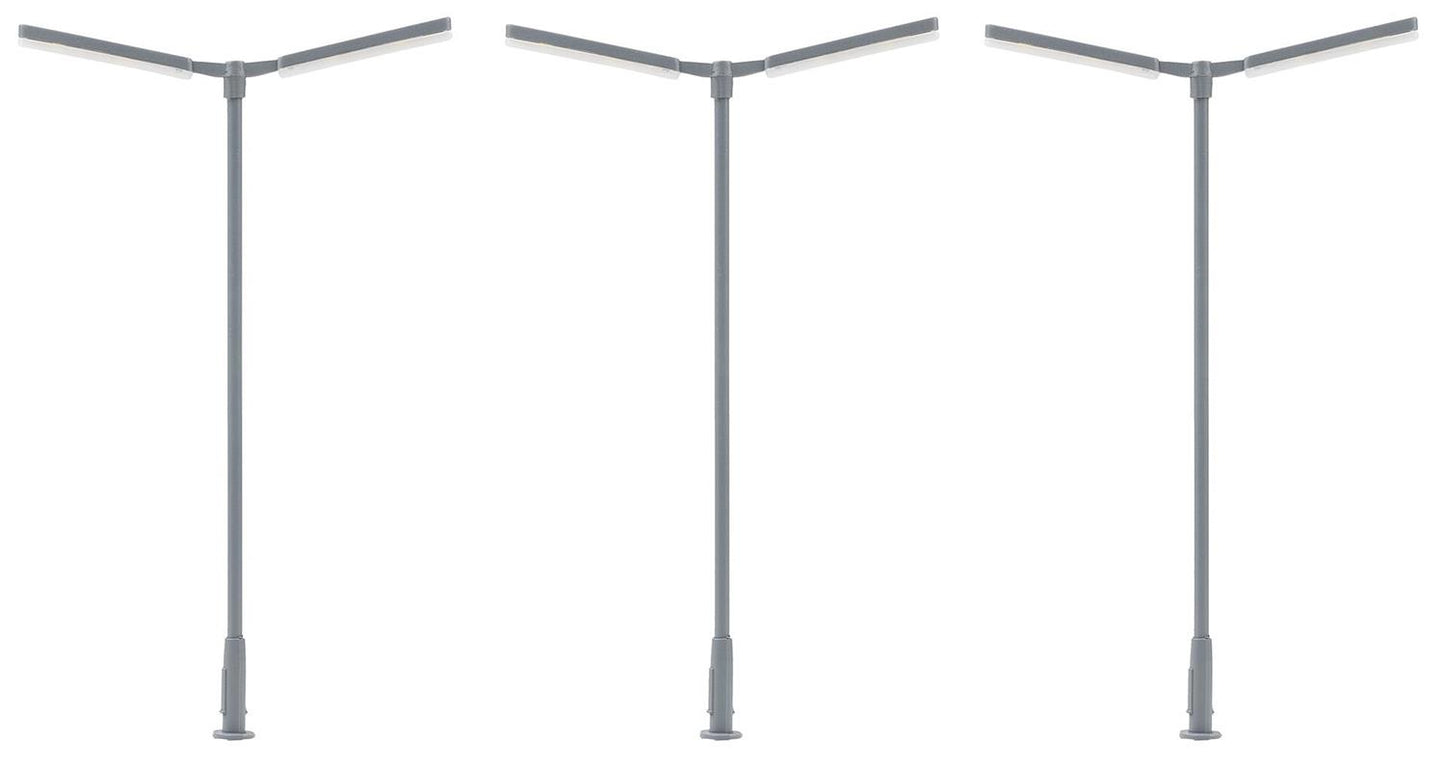 Faller LED Straight Dbl Arm Street Light Cool White 95mm (3) FA180122 HO Gauge