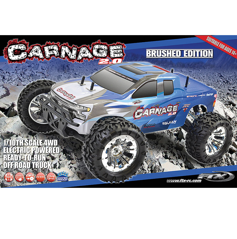 FTX Carnage 2.0 1/10 Brushed Truck 4WD RTR BLUE RC Car Batt Chgr 2.4ghz Radio