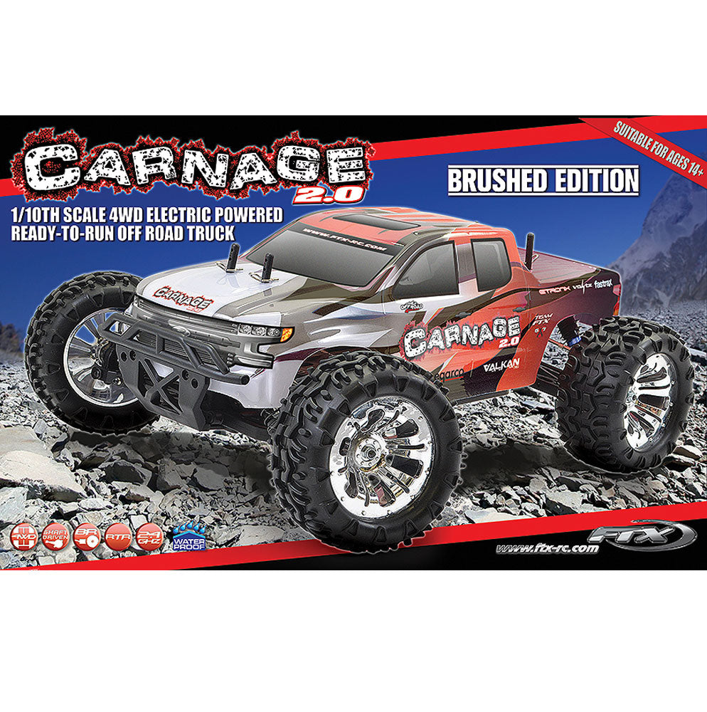 FTX Carnage 2.0 1/10 Brushed Truck 4WD RTR RED RC Car Batt Chgr 2.4ghz Radio