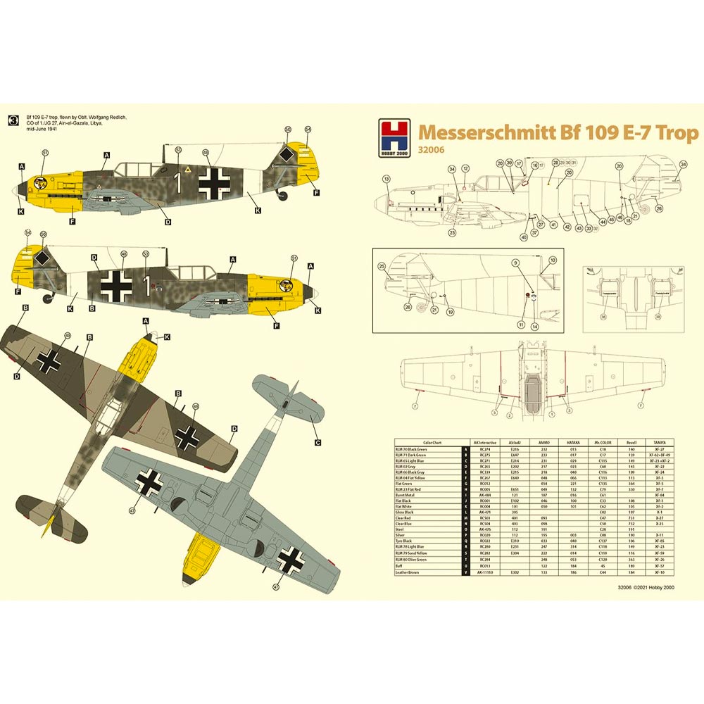 Hobby 2000 32006 Messerschmitt Bf 109 E-7 Trop 1:32 Plane Plastic Model Kit