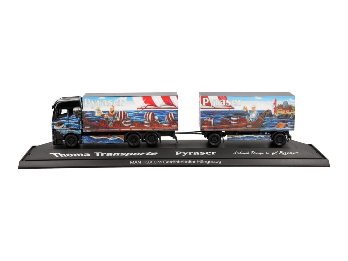 Herpa MAN TGX GM Beverage Box Semitrailer Pyraser III/Rudi Thoma 122337 HO Gauge