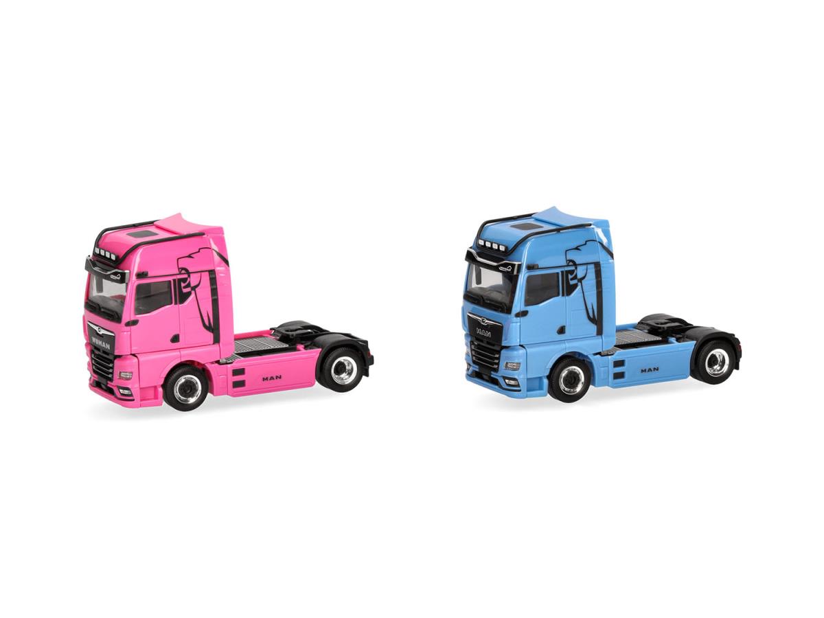 Herpa MAN & WOMAN eTGX GX 2 Axle Rigid Tractor Set (2) Blue/Pink 319195 HO Gauge