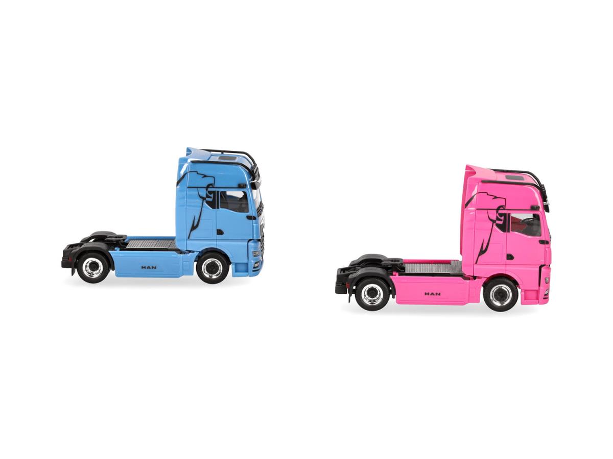 Herpa MAN & WOMAN eTGX GX 2 Axle Rigid Tractor Set (2) Blue/Pink 319195 HO Gauge