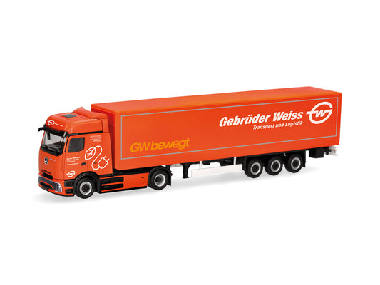 Herpa MB eActros 600 Bigspace Curtain Semitrailer Gebruder Weiss 320177 HO Gauge