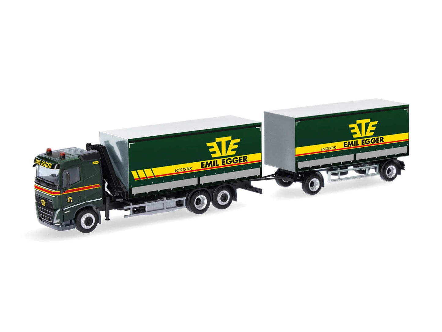 Herpa Volvo FH GL Flat Roof Tarpaulin Trailer w/Crane Emil Egger HA320504 HO