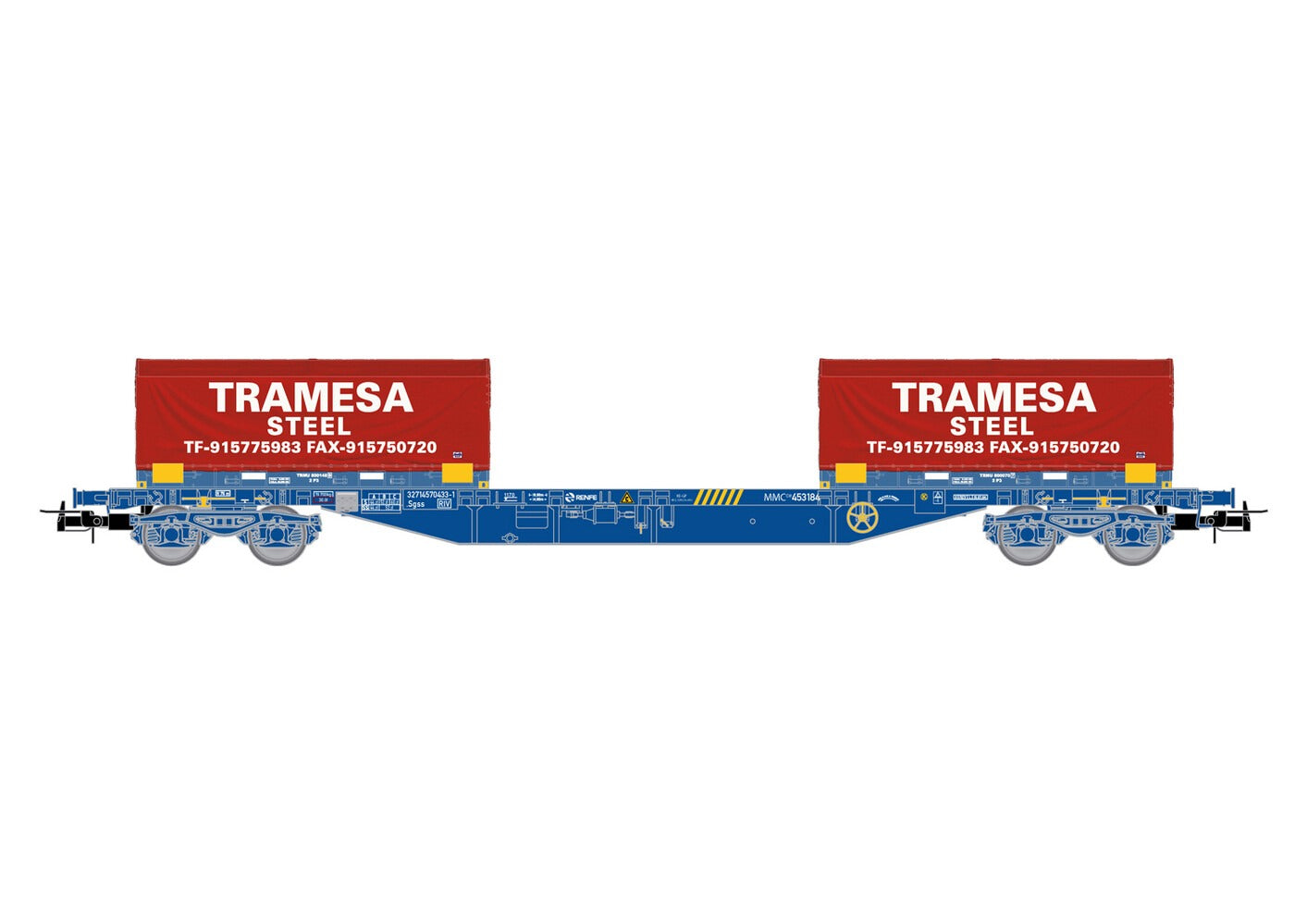 Electrotren RENFE MMC3 Flat Wagon w/2x20' Tramesa Container Load VI HE6064 HO Gauge