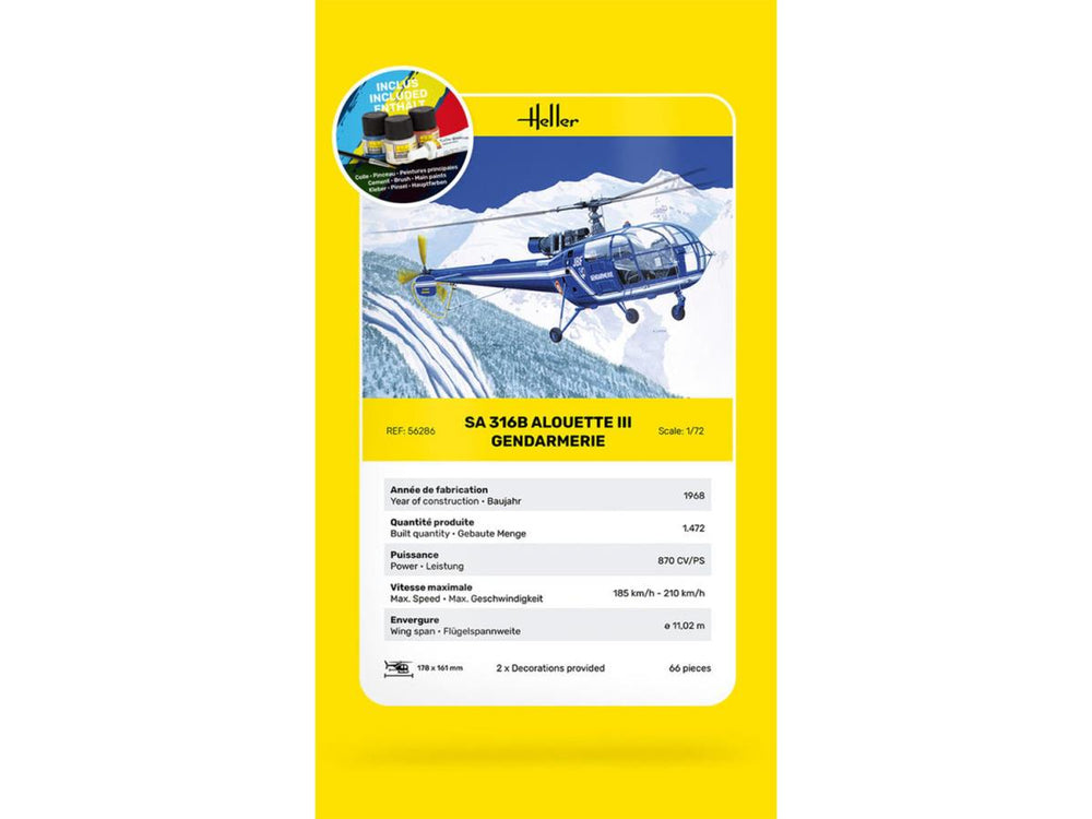 Heller 56286 Aerospatiale SA 316B Aloutte III Gendarm Starter Kit 1:72)